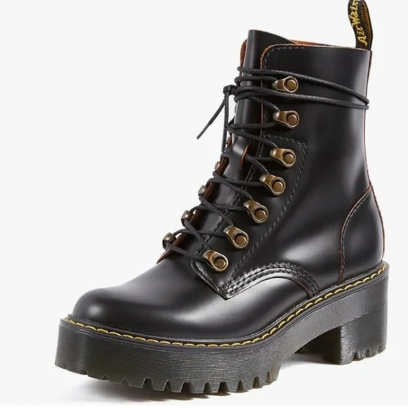 Dr. Martens Leona Vintage Smooth leather heeled platform boots in black Size 8 - Picture 10 of 10